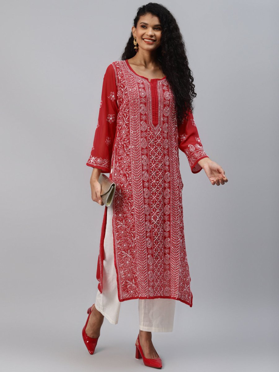 ADA Women Red & White Hand Embroidered Chikankari Sustainable Handloom Kurta With Matching Slip