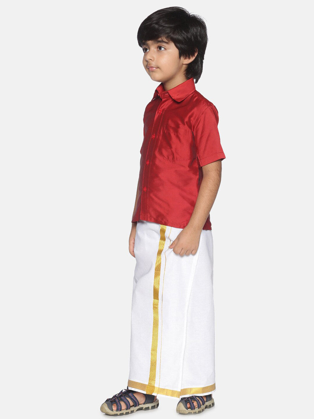 Sethukrishna Boys Red & White Shirt With Veshti Set