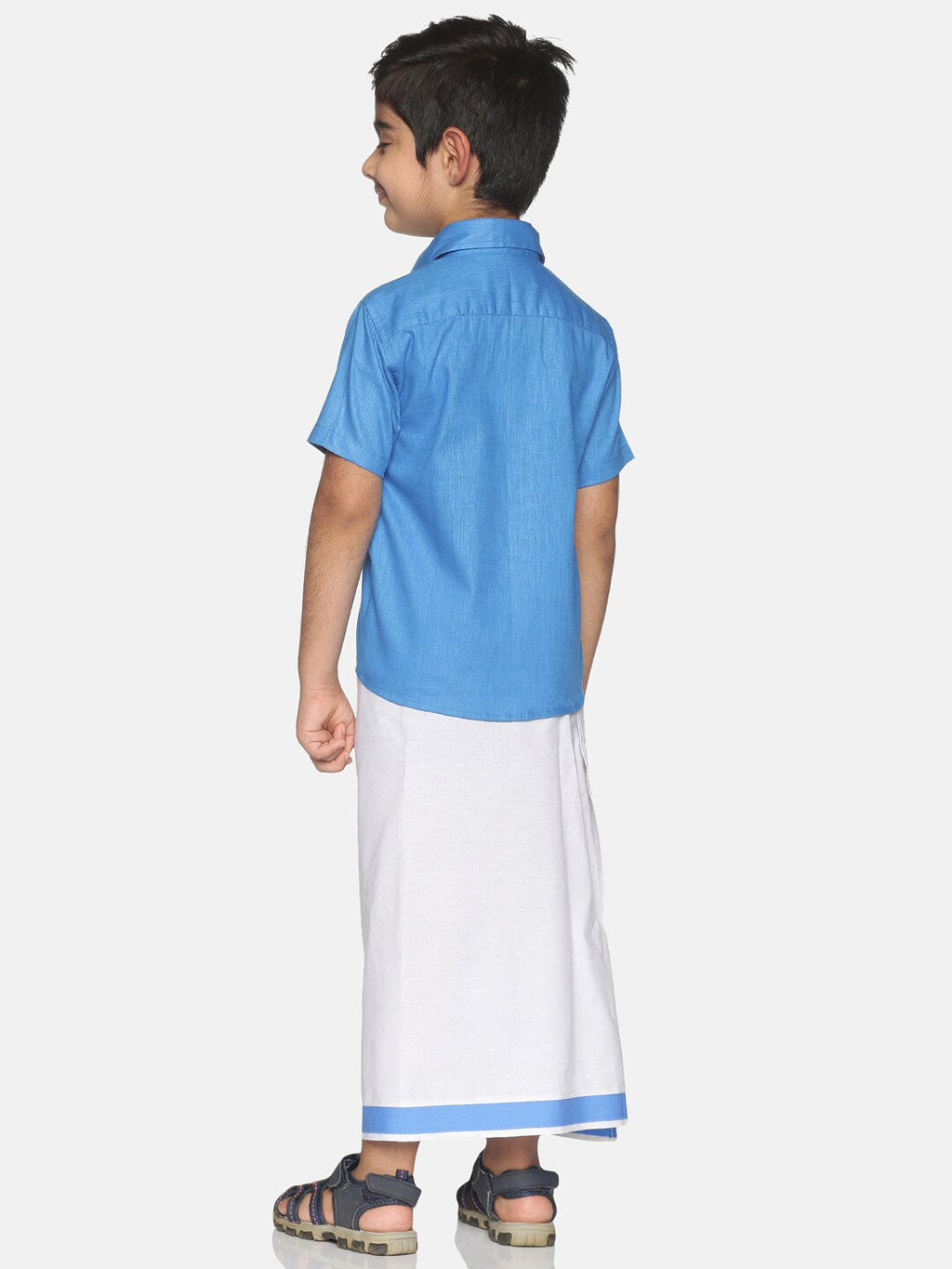 Sethukrishna Boys Blue & White Solid Shirt and Veshti Set
