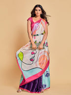 Sangria Pink & Blue Abstract Printed Satin Saree - Distacart