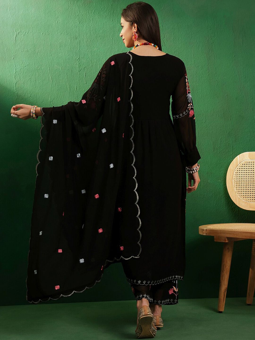 Sangria V Neck Floral Embroidered A Line Kurta with Palazzos & Dupatta - Distacart