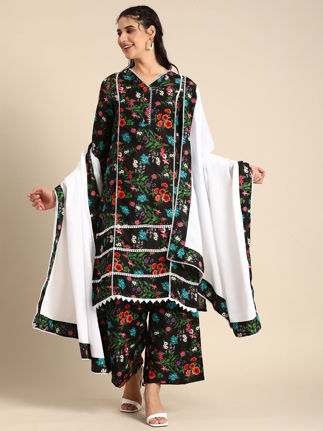 Sangria Women V-Neck Floral Printed Regular Kurta with Palazzos & With Dupatta