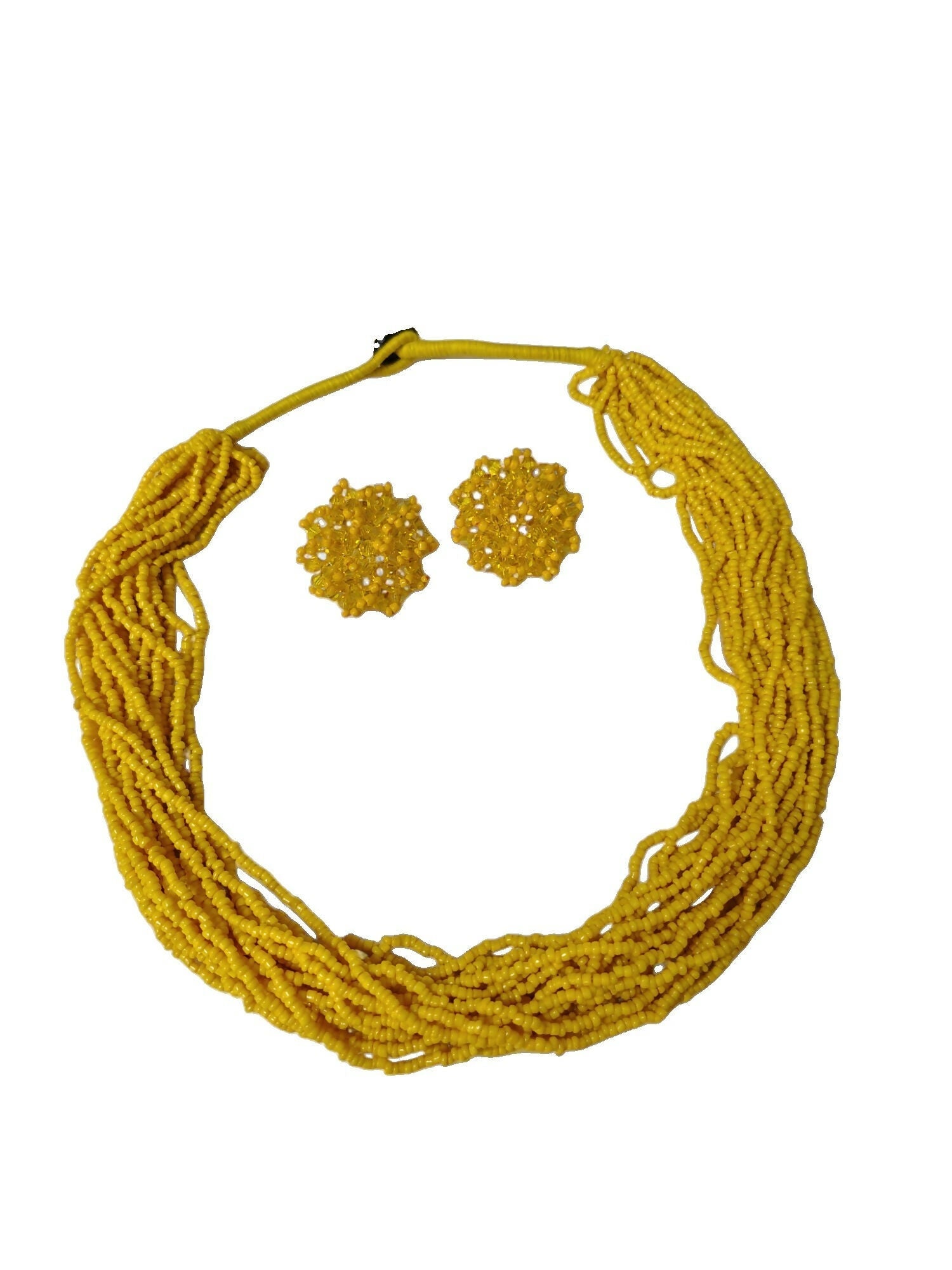 Inhanns Vibrant Handmade 20 Layers Beaded Necklace With Matching Earrings - Yellow