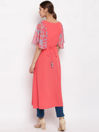 Janasya Coral Geometric Yoke Design Flared Sleeves Crepe Kurta - Distacart