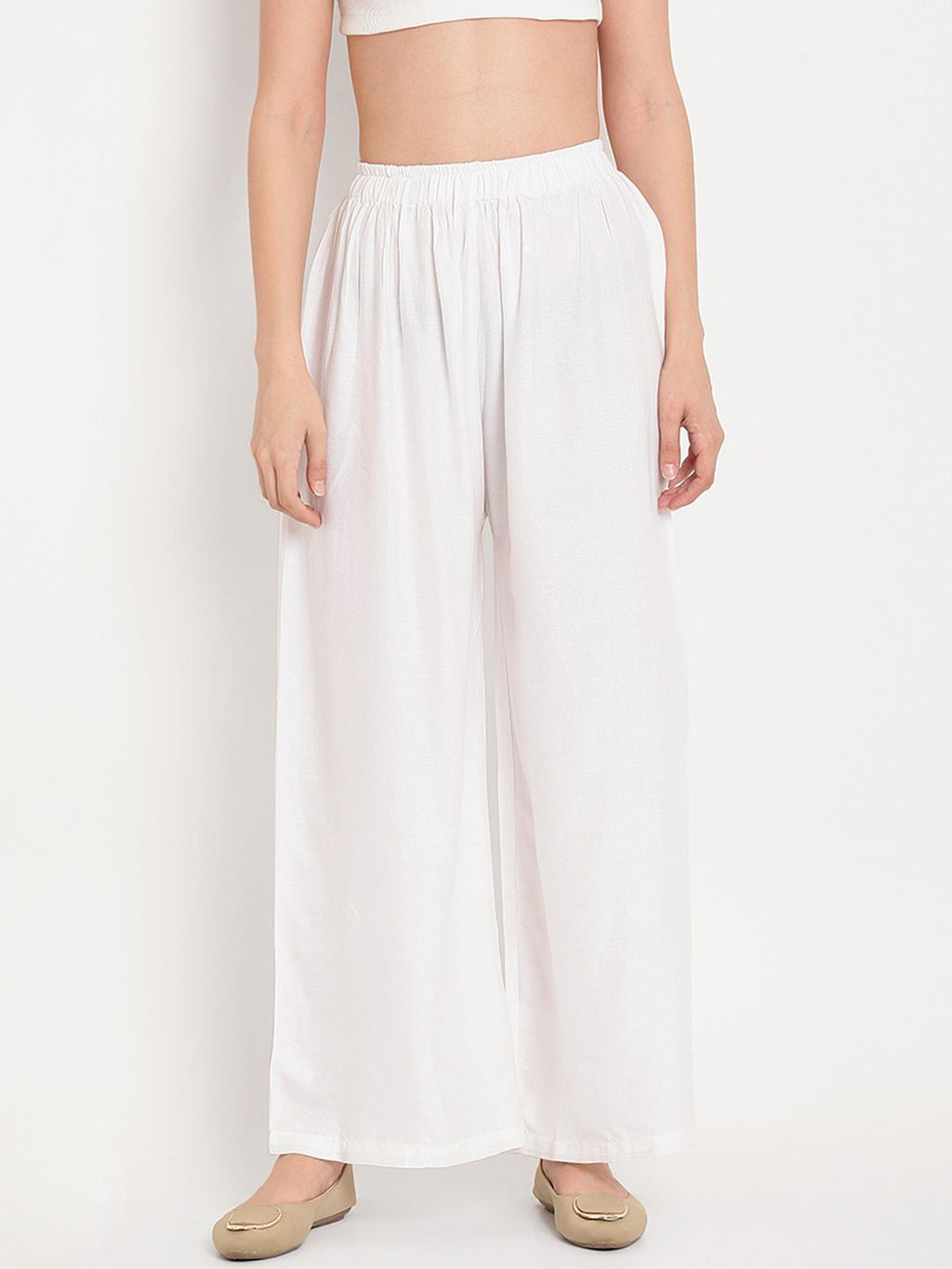 TAG 7 Women Pack Of 2 White & Navy Blue Solid Flared Palazzos