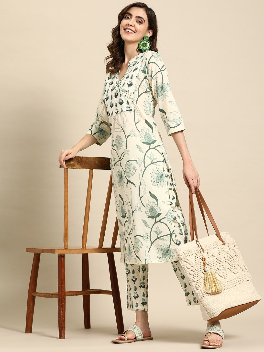 Sangria Floral Printed Angrakha Sequinned Pure Cotton Kurta With Trousers