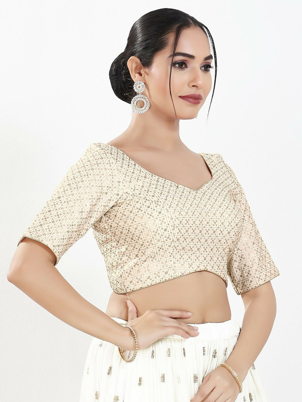 Joban Fashion Off White Silk Padded Blouse With Sweetheart Neck Elbow Sleeves - Distacart