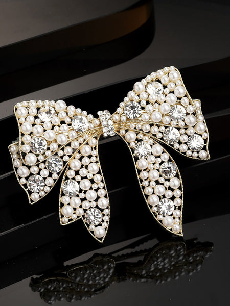 Panash Women Gold-Toned & White Embellished Bow-Shaped Alligator Hair Clip