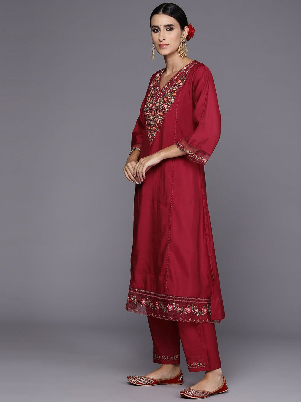 Indo Era Women Floral Yoke Design Panelled Thread Work Kurta with Trousers & Dupatta - Distacart