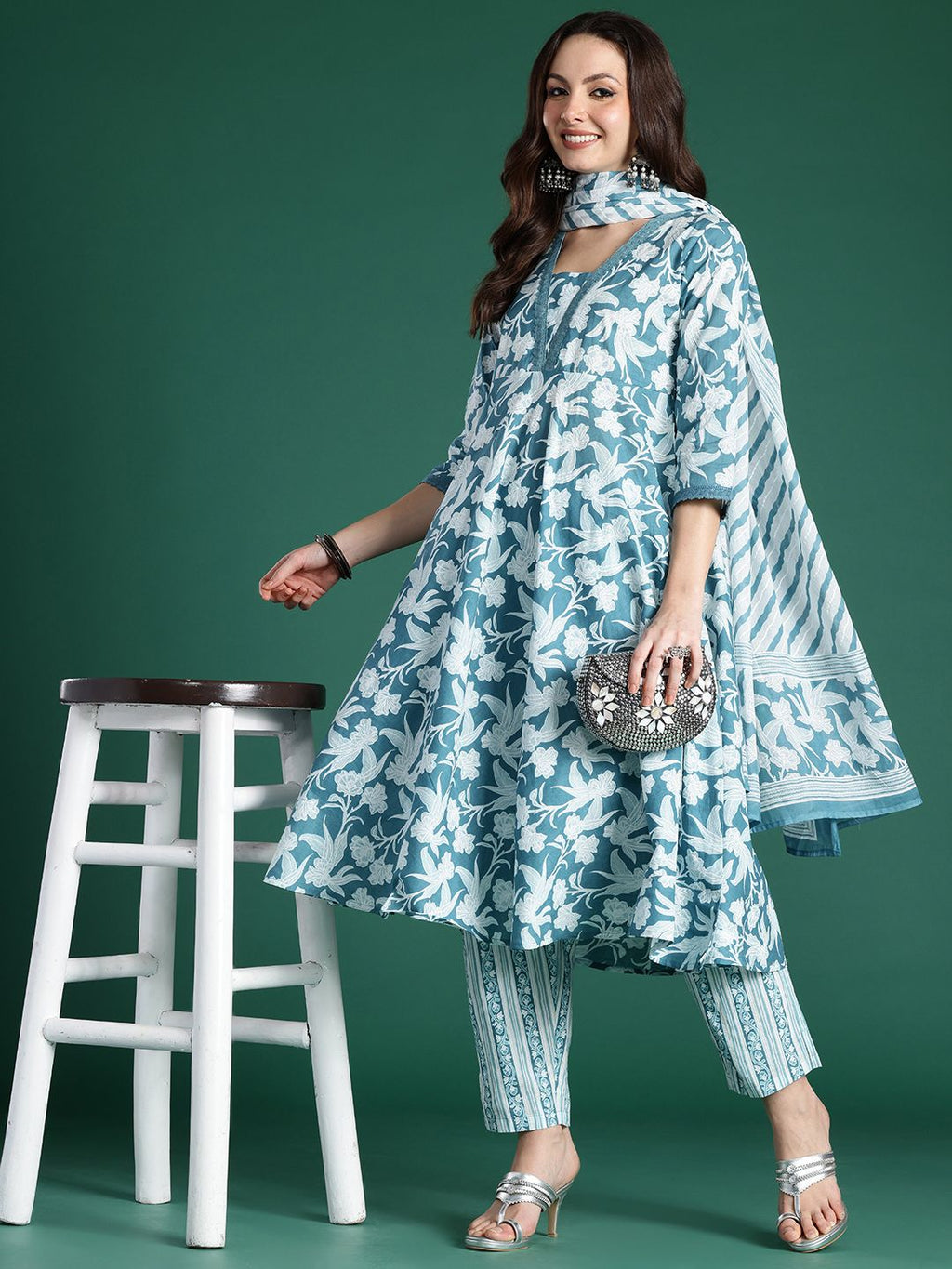 Indo Era Floral Printed Pure Cotton Kurta with Trousers & With Dupatta - Distacart