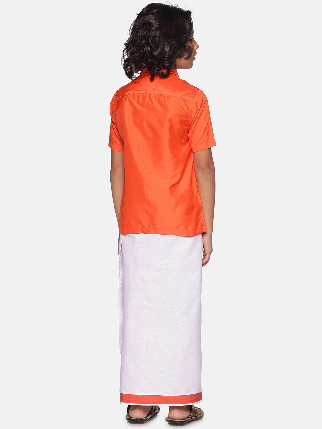 Sethukrishna Orange & White Solid Shirt with Dhoti Set For Boys