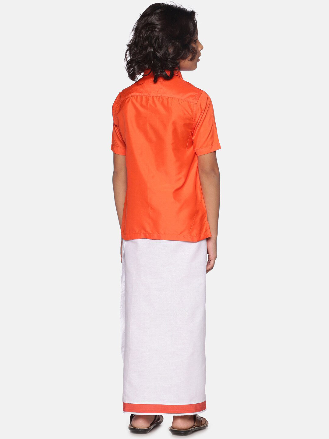 Sethukrishna Orange & White Solid Shirt with Dhoti Set For Boys