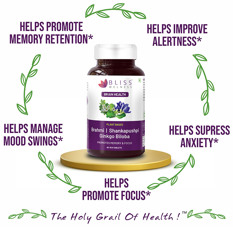 Bliss Welness Brain Health Brahmi + Shankapushpi Ginkgo Biloba Veg Tablet