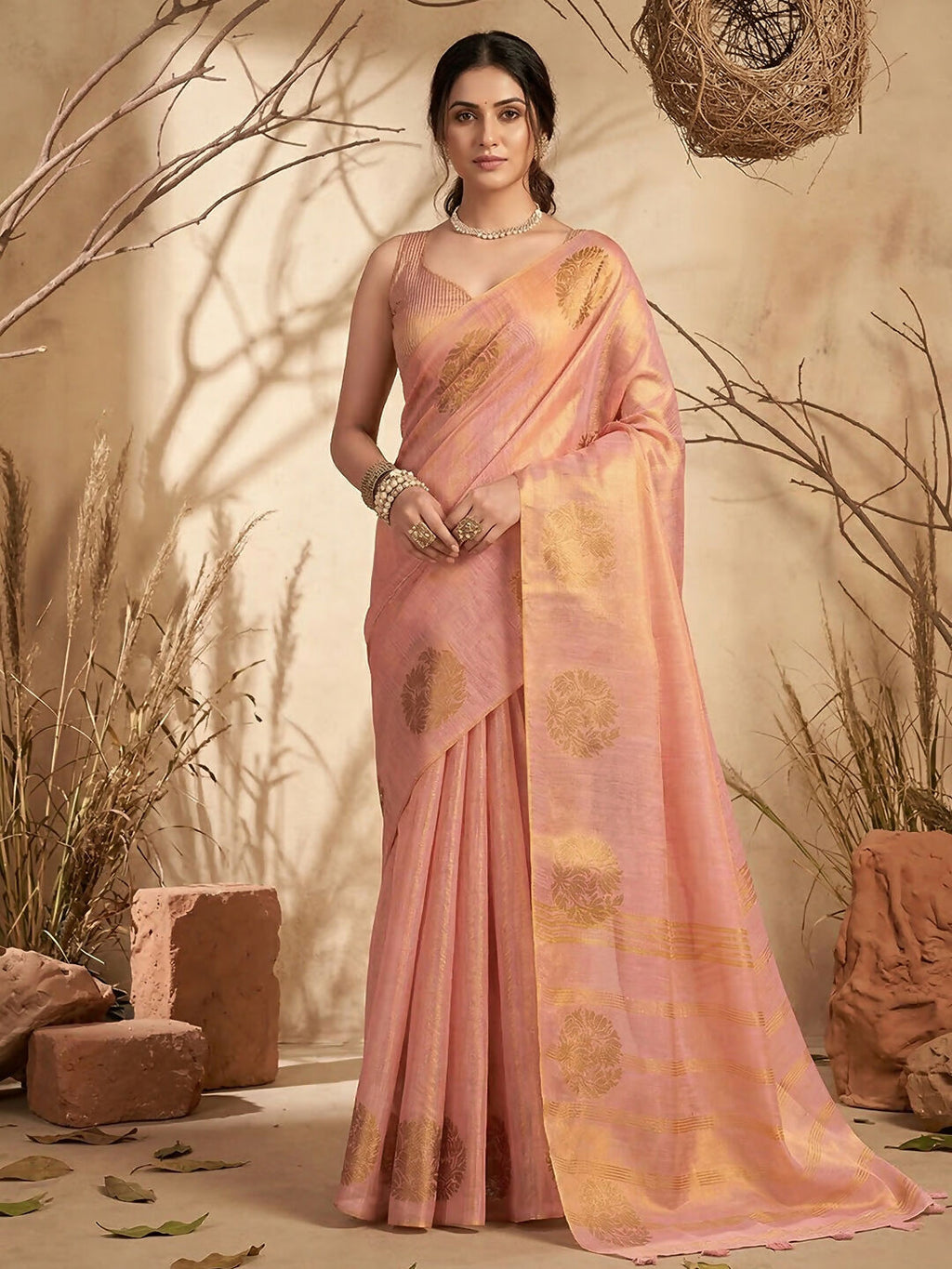 Shree Shyam Fashion Pink Tissue Silk Saree - Distacart