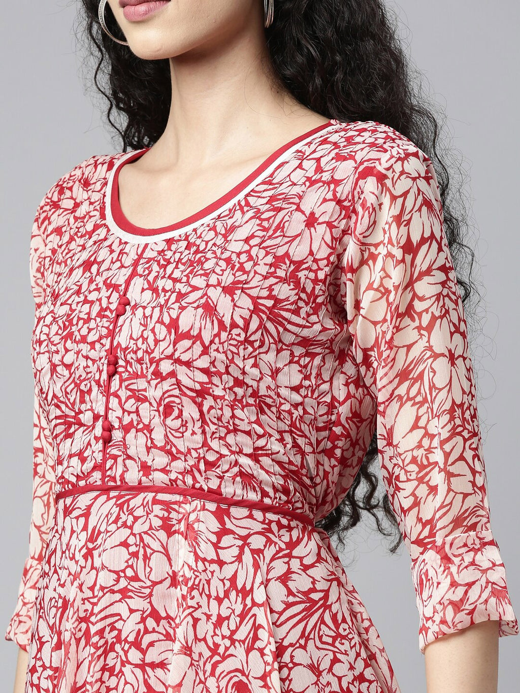 Souchii White & Red Floral Layered Chiffon Midi Dress - Distacart
