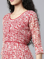 Souchii White & Red Floral Layered Chiffon Beautiful Midi Dress - Distacart
