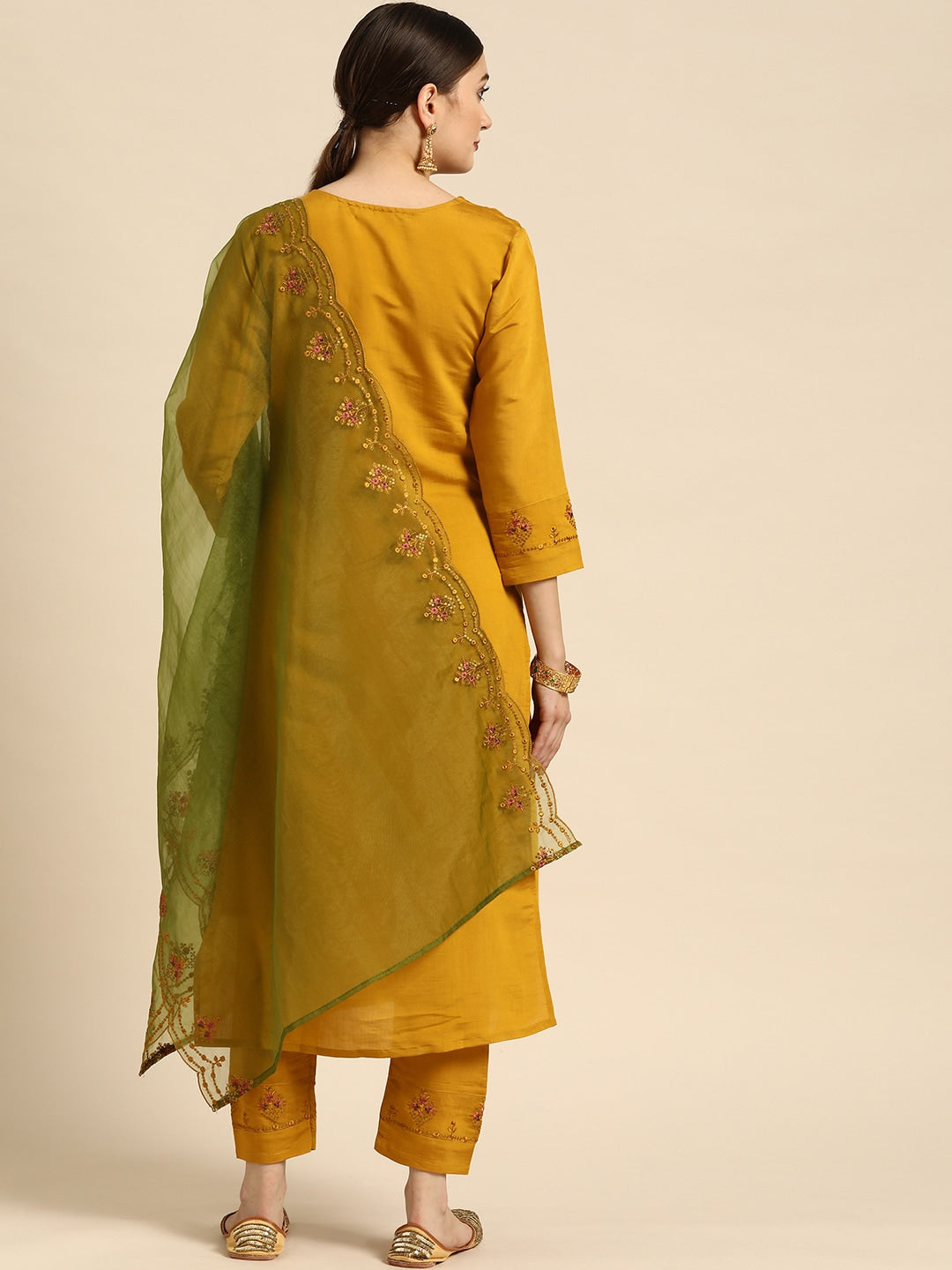 Sangria Women Mustard Yellow & Green Ethnic Motifs Embroidered Cotton Kurta Set