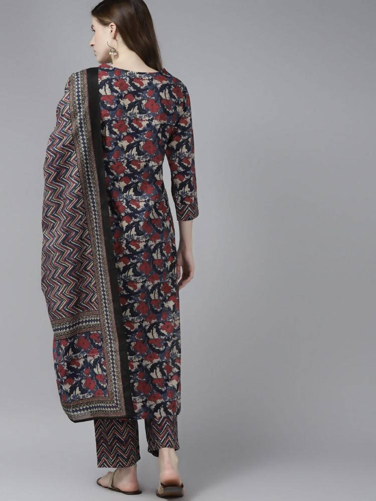 Yufta Women Navy Blue & Red Floral Printed Pure Cotton Kurta with Trouser and Dupatta