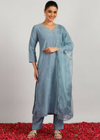 Aavyora Women's Sky Grey Embroidered Kurta Set with Dupatta - Distacart
