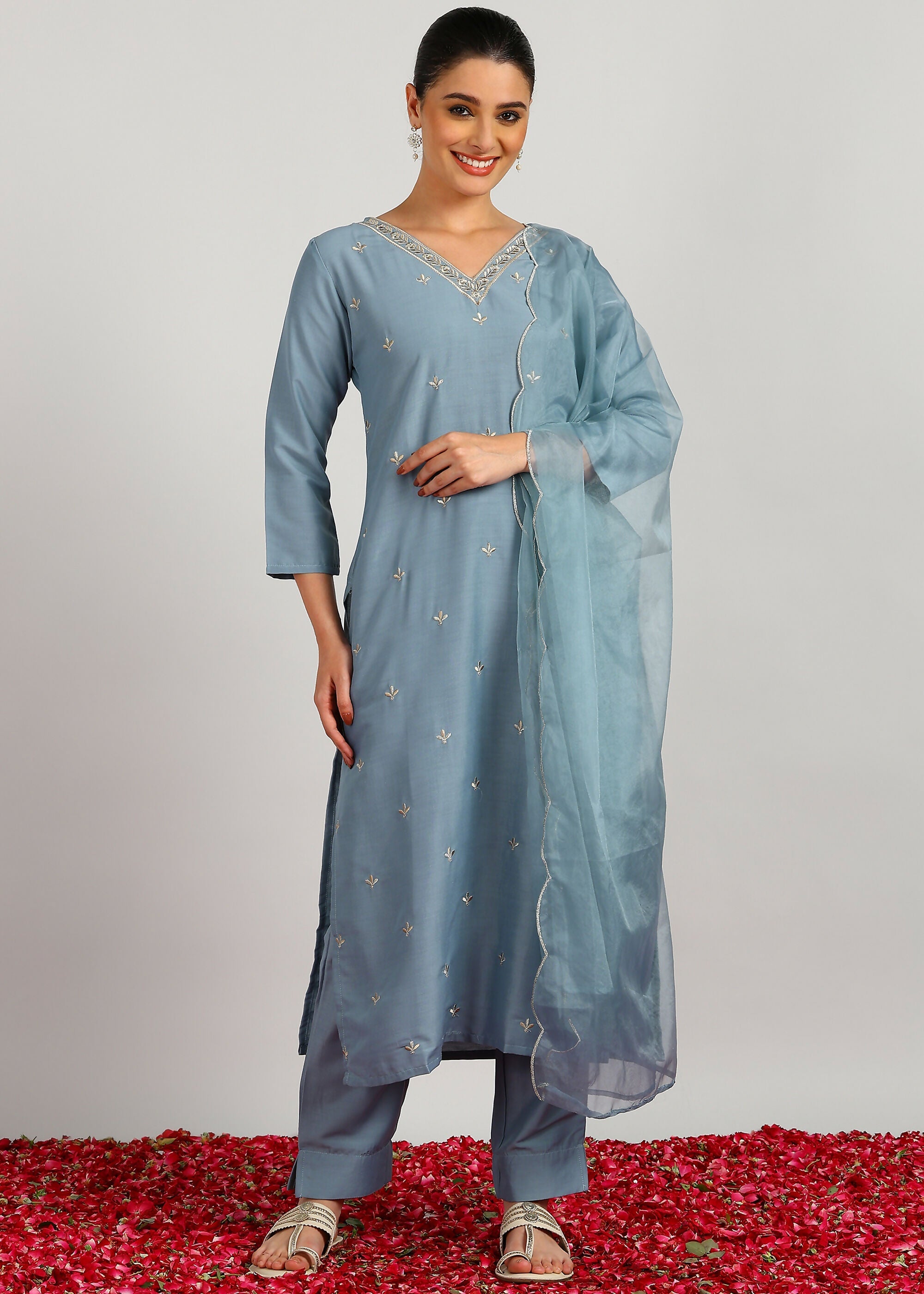 Aavyora Women's Sky Grey Embroidered Kurta Set with Dupatta - Distacart