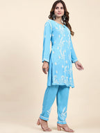 HOUSE OF KARI Floral Embroidered Chikankari Pure Cotton Straight Kurta With Trousers