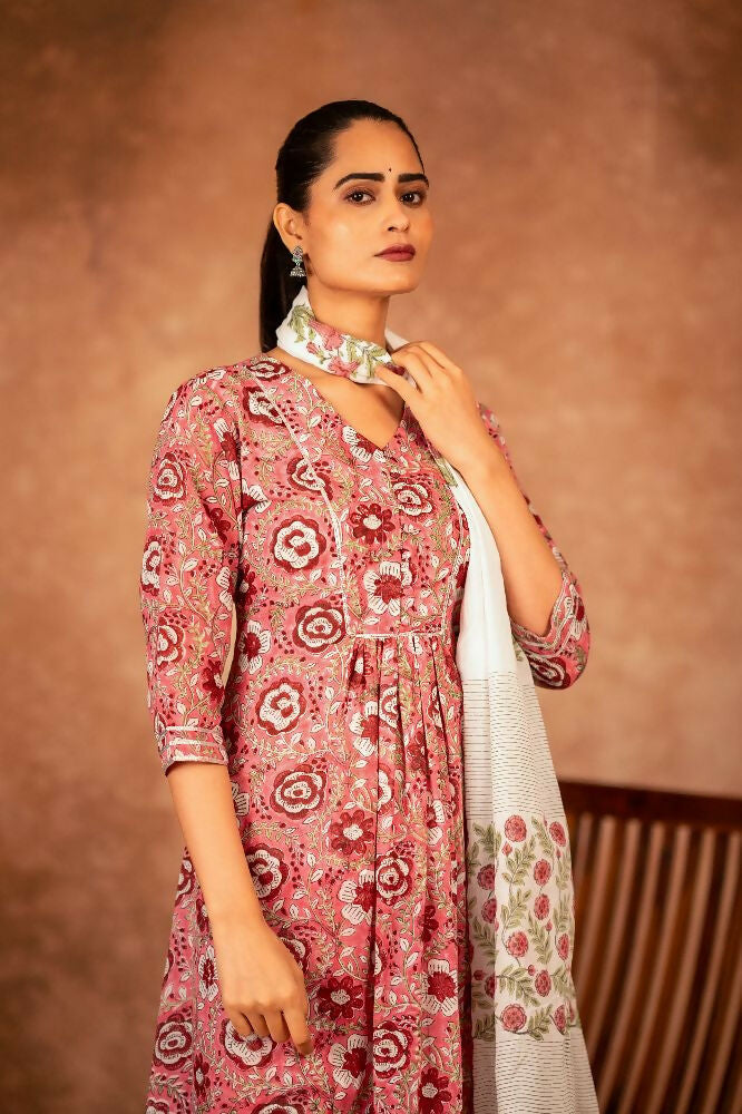 Joban Fashion Pink Hand Block Printed Cotton Suit Set - Distacart