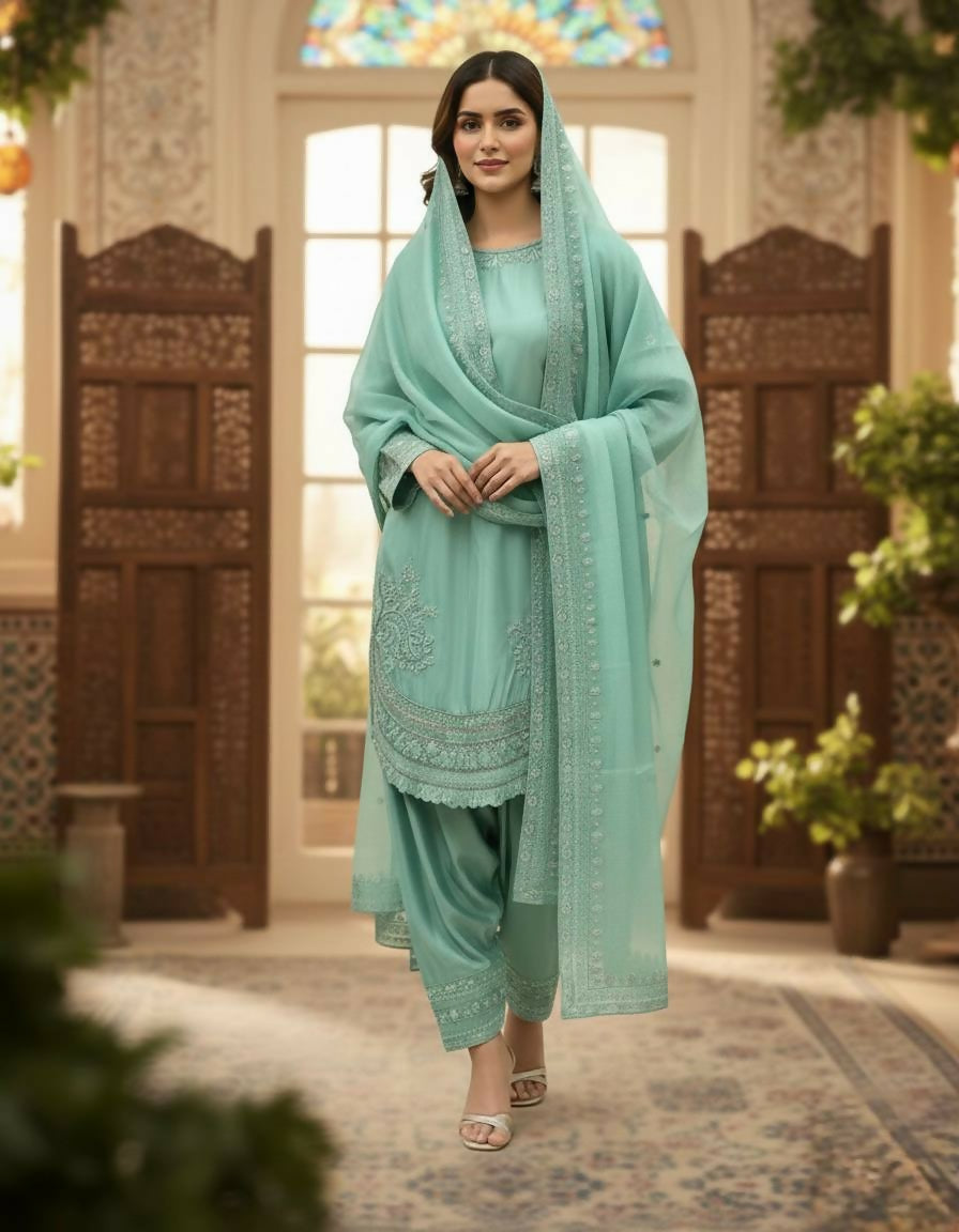 Teeya Creation Turquoise Color Natural Creap Silk Designer Fancy Party Wear Salwar Suit - Distacart