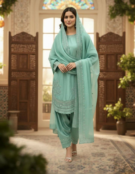 Teeya Creation Turquoise Color Natural Creap Silk Designer Fancy Party Wear Salwar Suit