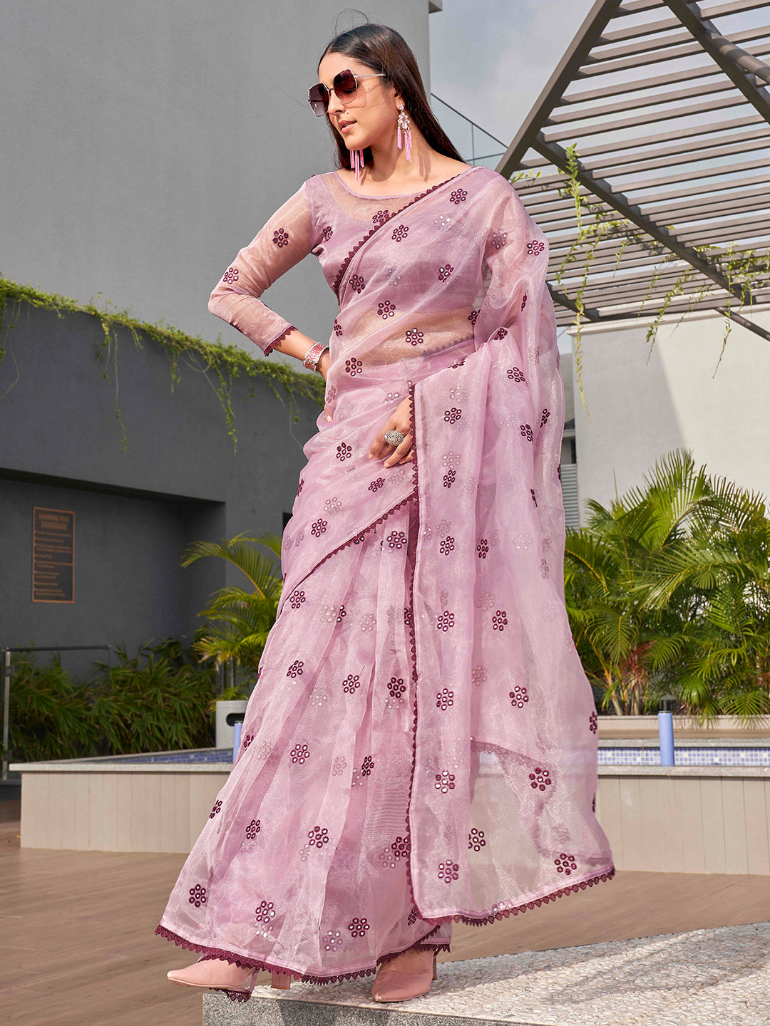 Tikhi Imli Ethnic Motifs Mirror Work Organza Saree - Distacart