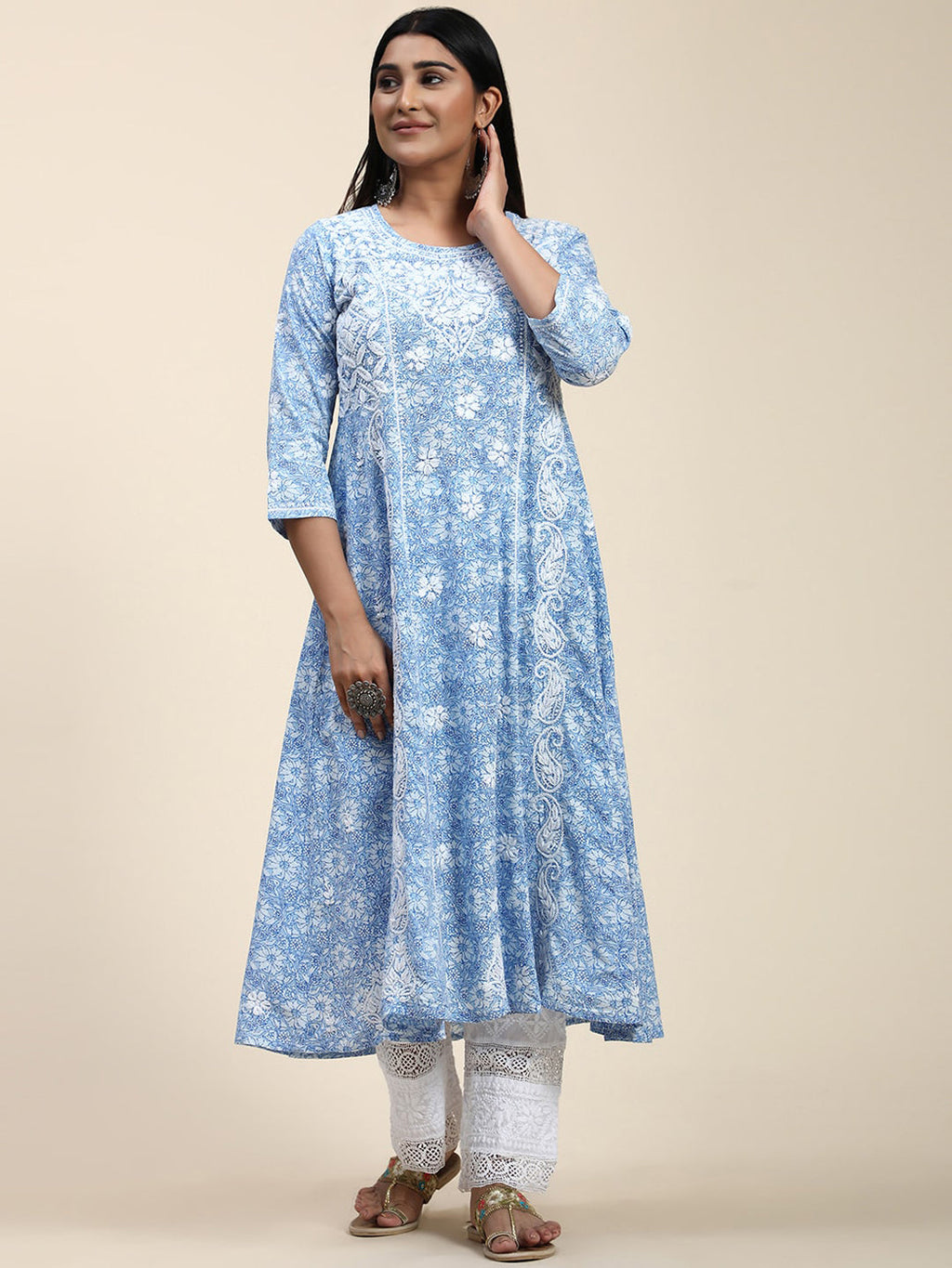 HOUSE OF KARI Floral Embroidered Chikankari Cotton Anarkali Kurta