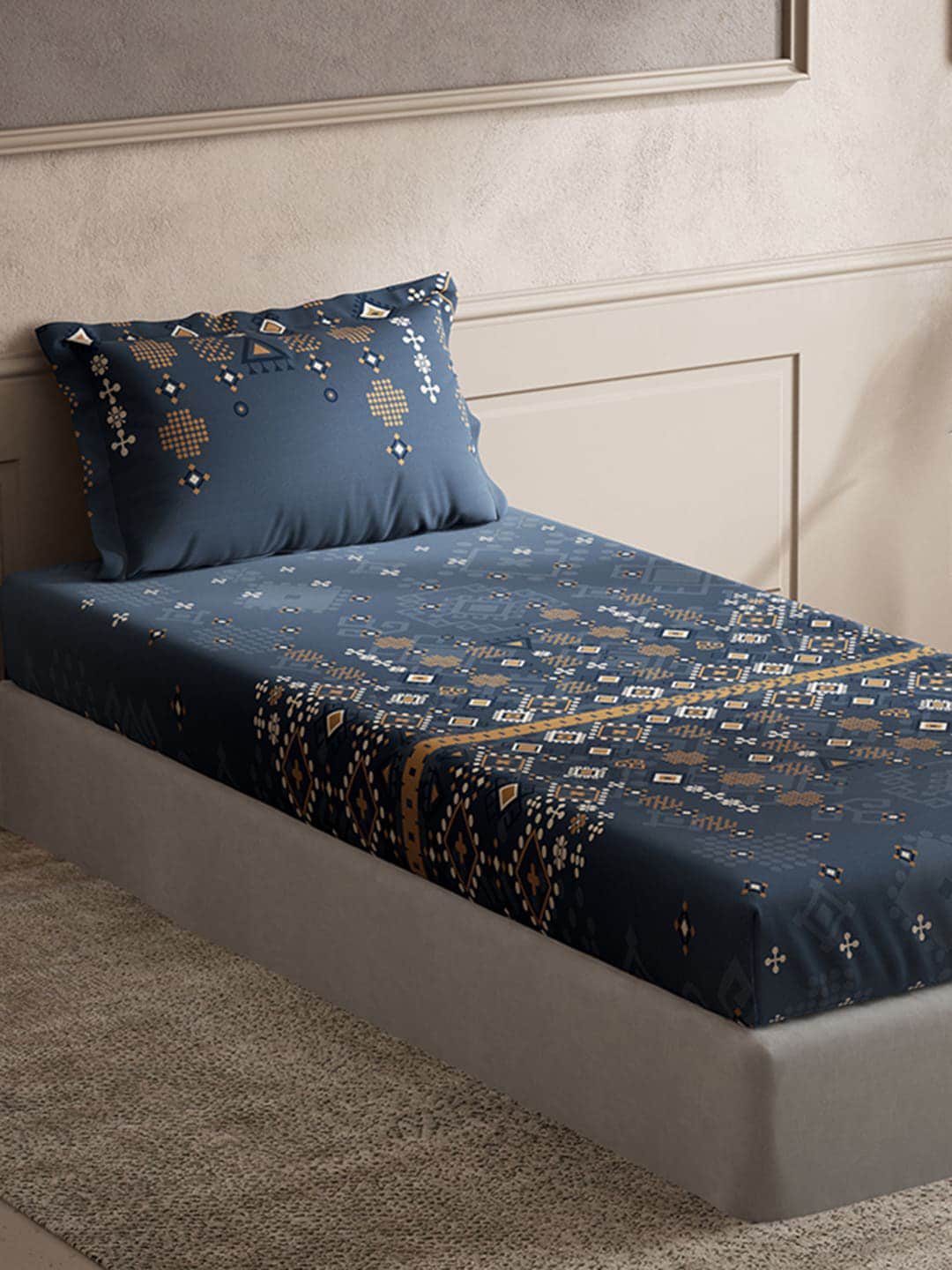 DDecor Blue & Brown Ethnic Motifs Cotton 150 TC Single Bedsheet with 1 Pillow Cover