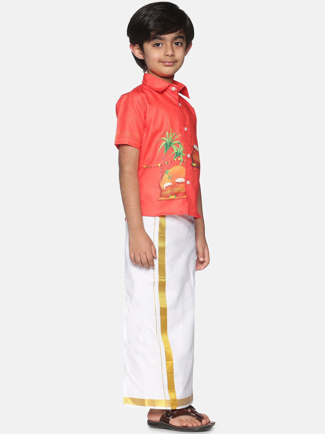 Sethukrishna Boys Red & White Printed Shirt with Dhoti