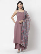 Myshka Women Mauve Silk Blend Solid Sleeveless Round Neck Neck Kurta Palazzo Dupatta Set