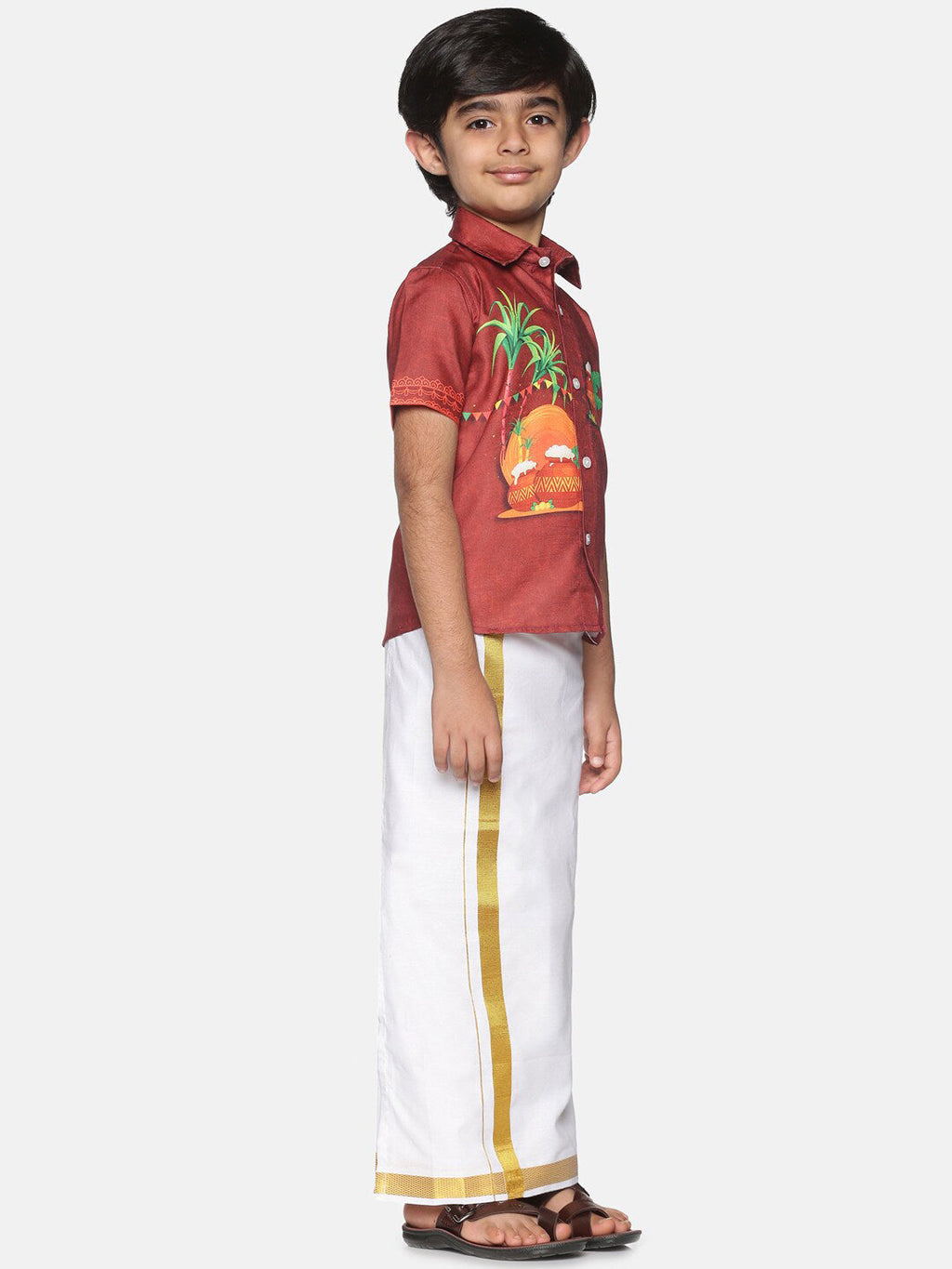 Sethukrishna Boys Printed Traditional Shirt With Adjustable Velcro Dhoti Set