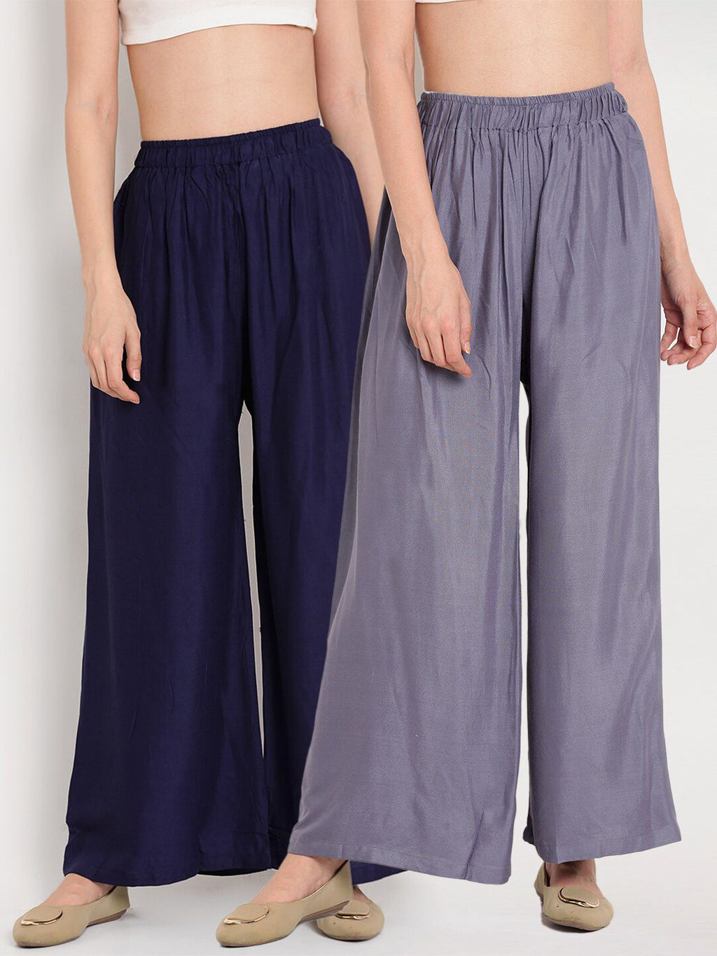 TAG 7 Women Grey & Navy Blue Set of 2 Flared Ethnic Palazzos