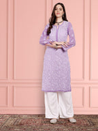 ADA Women Purple & White Ethnic Motifs Embroidered Chikankari Georgette Kurta