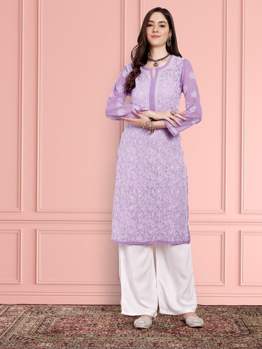 ADA Women Purple & White Ethnic Motifs Embroidered Chikankari Georgette Kurta