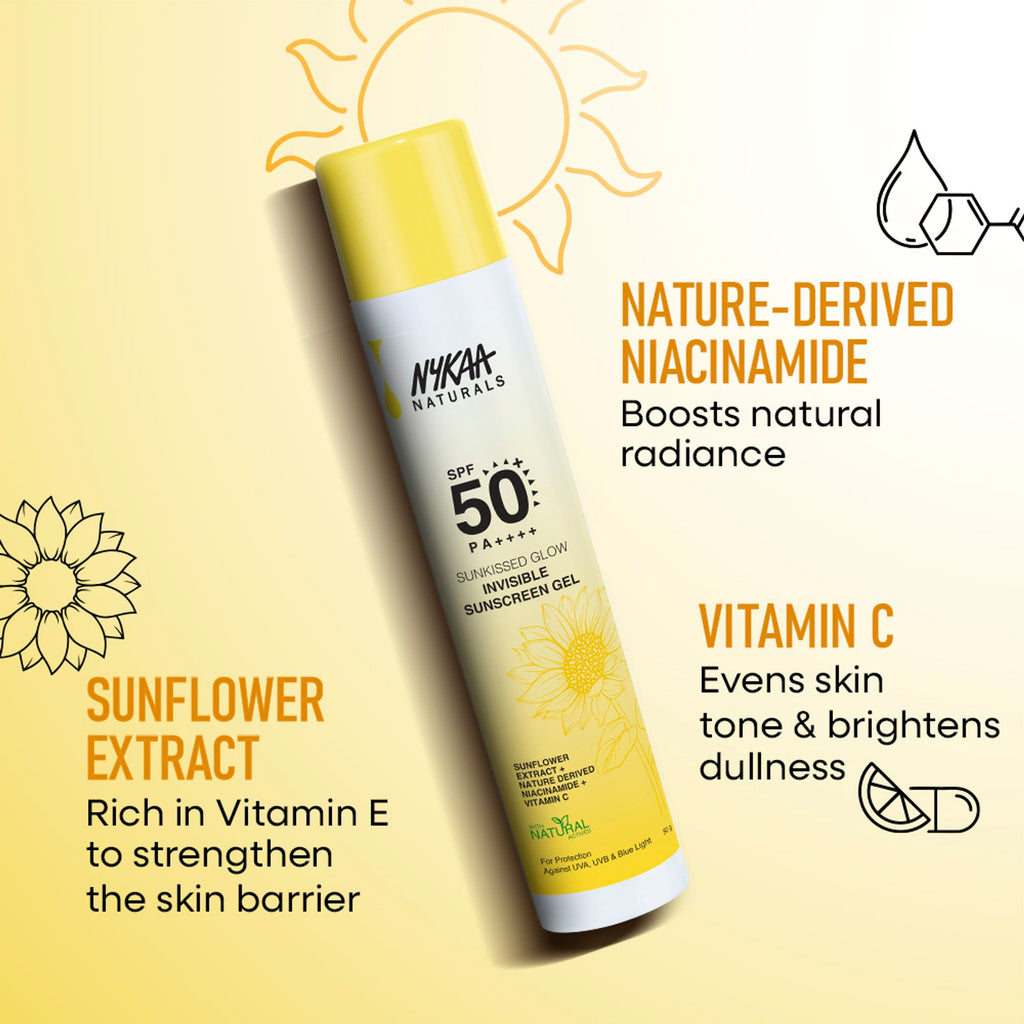 Nykaa Naturals SUNKISSED GLOW Invisible Sunscreen Gel SPF 50 PA++++ with Niacinamide and Vitamin C - Distacart