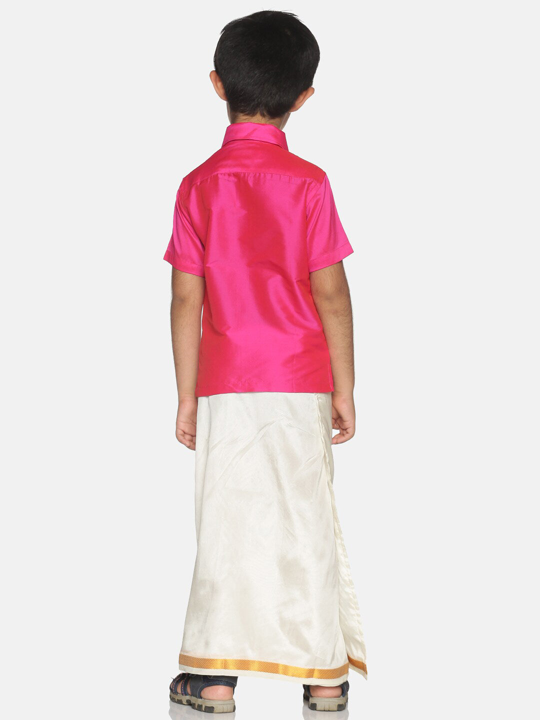 Sethukrishna Boys Pink & Cream-Coloured Solid Shirt and Veshti Set