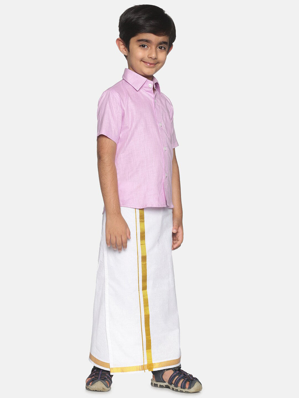 Sethukrishna Boys Pink & White Pure Cotton Shirt with Dhotis