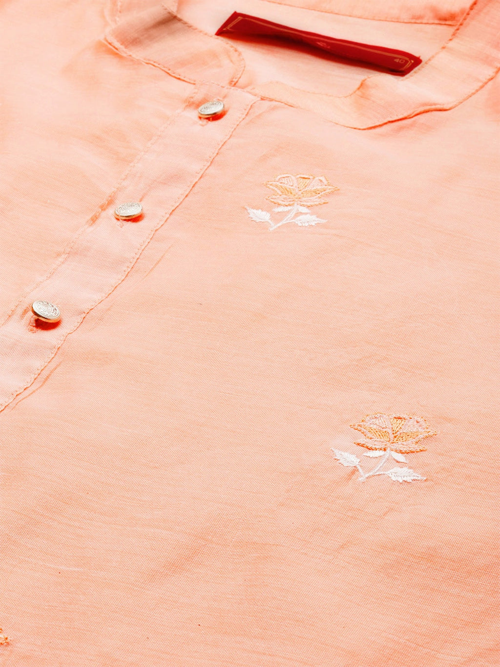 House of Pataudi Men Peach-Coloured Floral Embroidered A-Line Kurta