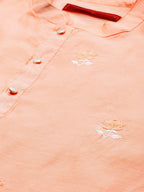 House of Pataudi Men Peach-Coloured Floral Embroidered A-Line Kurta