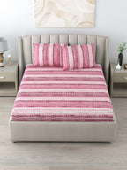 DREAM WEAVERZ Pink Striped Pure Cotton 220 TC King Bedsheet With 2 Pillow Covers - Distacart