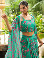 Janasya Green Georgette Floral Top Bottom Cape
