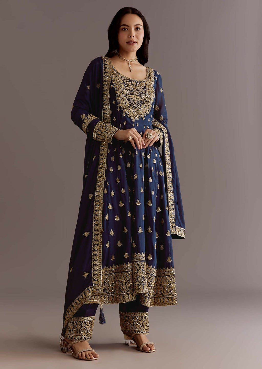 Teeya Creation Blue Color Chinnon Silk Embroidery Work Gown - Distacart
