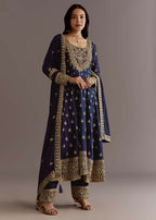 Teeya Creation Blue Color Chinnon Silk Embroidery Work Gown - Distacart