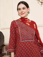 Sangria Maroon Ethnic Motifs Printed Mirror Work Pure Cotton Kurta with Trousers & Dupatta