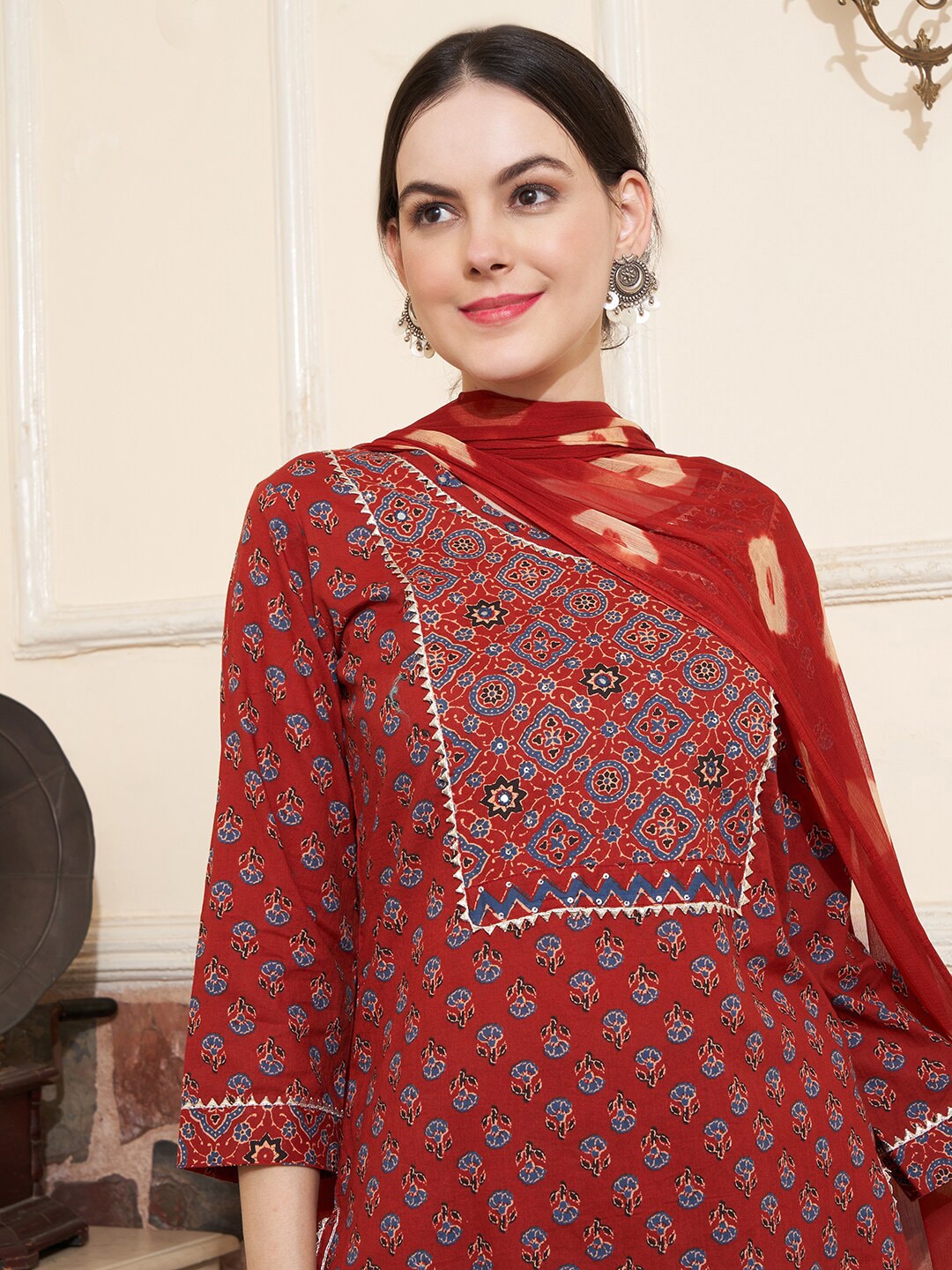 Sangria Maroon Ethnic Motifs Printed Mirror Work Pure Cotton Kurta with Trousers & Dupatta