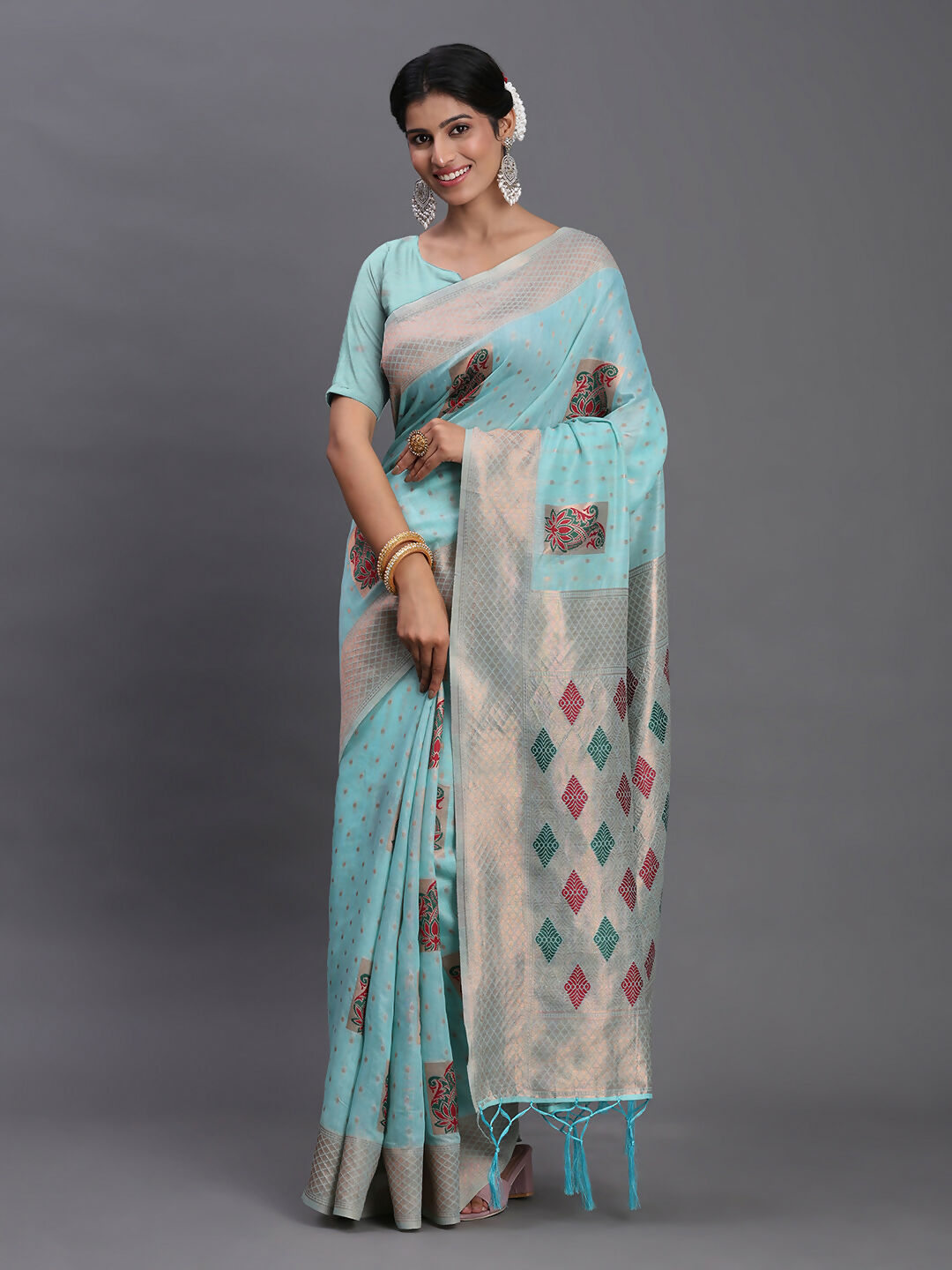Shree Shyam Fashion Linen Cotton Sky Blue Saree - Distacart