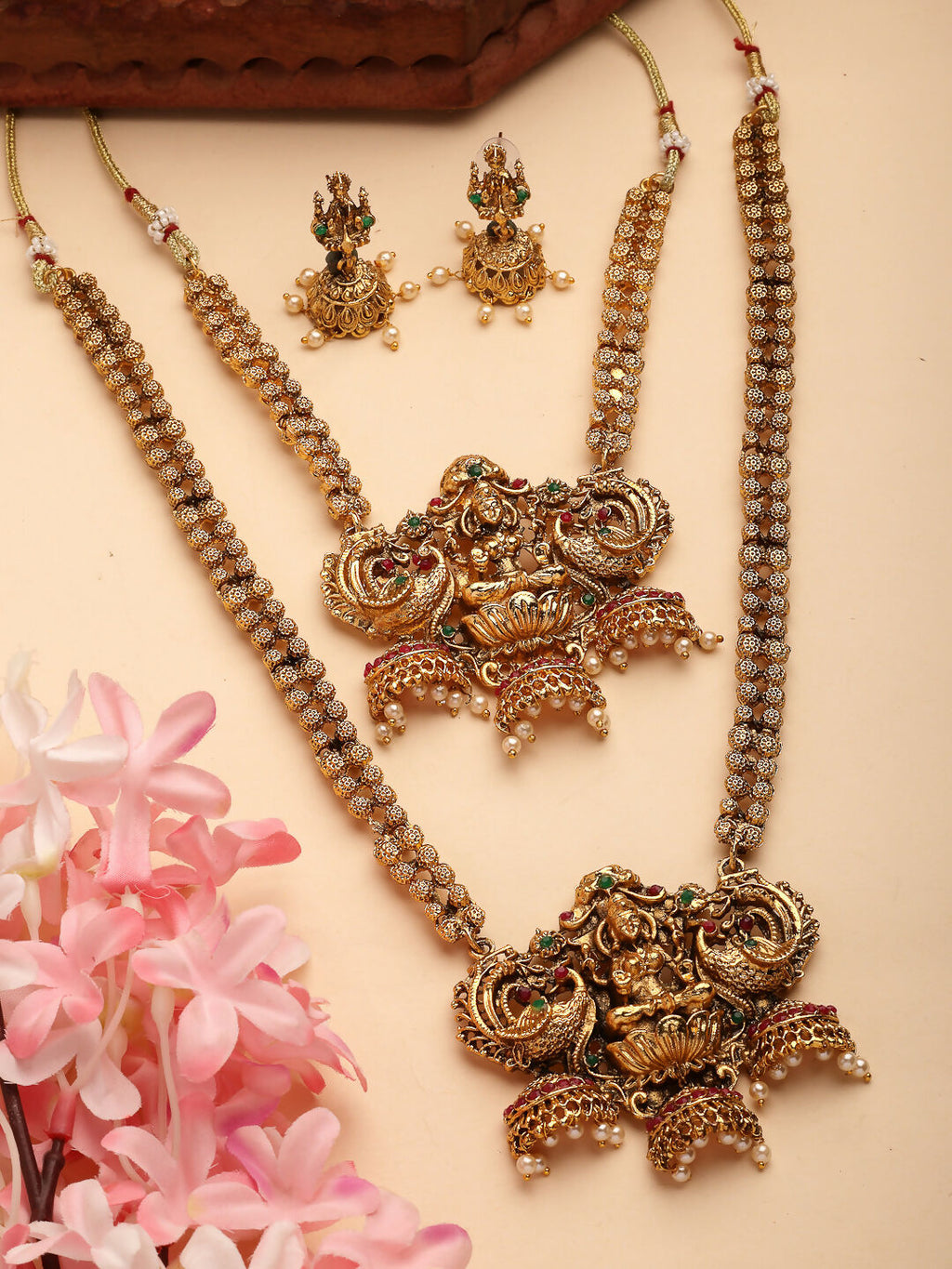 NVR Women's Set of 2 Gold-Polished Stone Studded Lakshmi Design Temple Jewellery Set